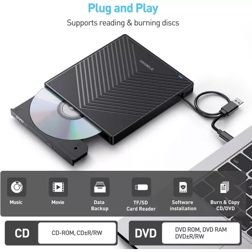 Unitate DVD externă ORIGBELIE USB 3.0, 4 porturi USB, cititor de carduri SD pentru laptop, Mac, PC