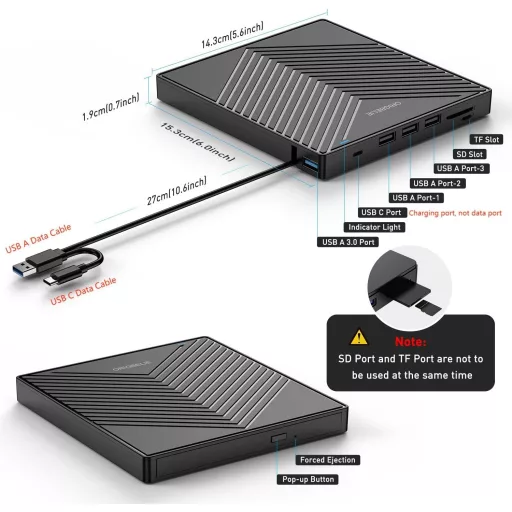 Unitate DVD externă ORIGBELIE USB 3.0, 4 porturi USB, cititor de carduri SD pentru laptop, Mac, PC