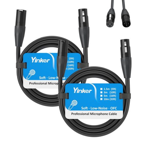 Yinker XLR Kábel Szett - 2db 1,5m Mikrofon Kábel (Apa-Anya) Hangfelszerelésekhez, Stúdió Eszközökhöz, Fekete, Rugalmas Gumi Borítással