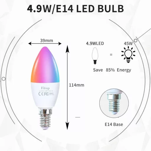 Fitop E14 WiFi LED okos izzó 2db, dimmer, RGB 16 millió szín, Alexa/Google Home - Single, E14-2pcs