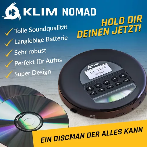 KLIM Nomad Hordozható CD-Lejátszó Discman Hosszú Üzemidejű Akkumulátorral - Fejhallgatóval - CD-R, CD-RW, MP3 Kompatibilis - TF Kártyaolvasó