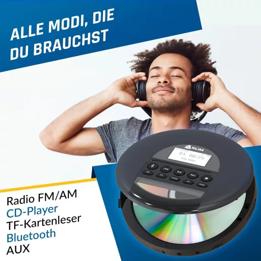 KLIM Nomad CD Player Portabil Discman cu Baterie de Lungă Durată - Cu Căști - Compatibil CD-R, CD-RW, MP3 - Cititor de Carduri TF