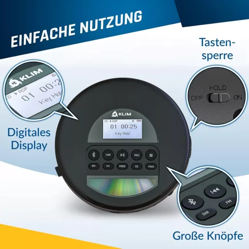 KLIM Nomad CD Player Portabil Discman cu Baterie de Lungă Durată - Cu Căști - Compatibil CD-R, CD-RW, MP3 - Cititor de Carduri TF