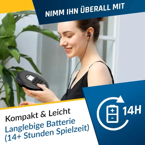 KLIM Nomad Hordozható CD-Lejátszó Discman Hosszú Üzemidejű Akkumulátorral - Fejhallgatóval - CD-R, CD-RW, MP3 Kompatibilis - TF Kártyaolvasó