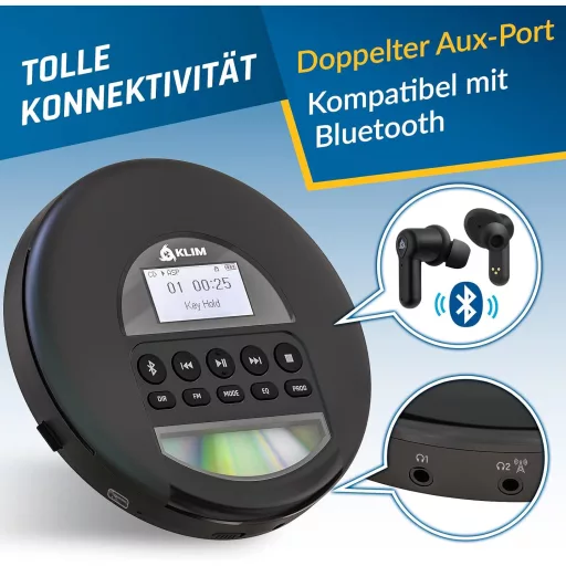KLIM Nomad CD Player Portabil Discman cu Baterie de Lungă Durată - Cu Căști - Compatibil CD-R, CD-RW, MP3 - Cititor de Carduri TF