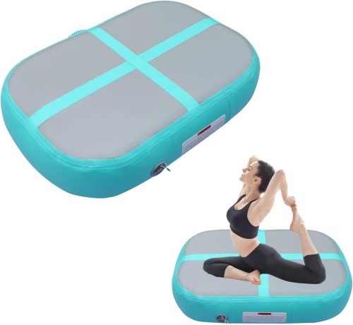 PPXIA Felfújható Tornaszőnyeg 100x60x10cm - Gimnasztikai Légmatrac Edzőblokk Kézi Fogantyúkkal - Mentazöld PVC Sportmatrac Pumpával
