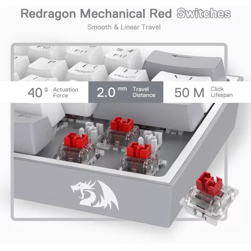 Tastatură mecanică de gaming Redragon K617 RGB - 60% compactă, 61 de taste, cu fir, switch-uri roșii liniare, cu suport driver Pro
