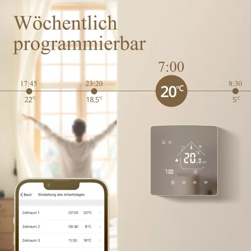 Termostat inteligent WiFi BEOK pentru centrală termică pe gaz - Regulator de încălzire de perete digital wireless, compatibil cu Alexa și Google Home, TGR85WIFI-WPB
