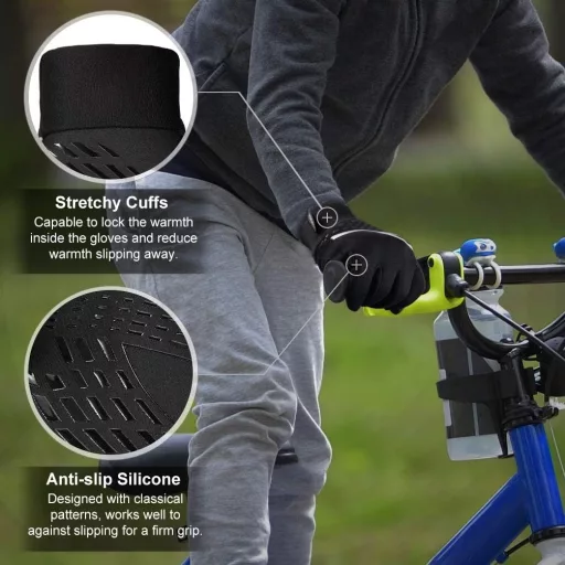 Mănuși de iarnă pentru copii OOPOR, căptușite cu fleece călduros, compatibile cu ecran tactil, anti-alunecare, pentru ciclism, albastre, 4-6 ani, băieți și fete