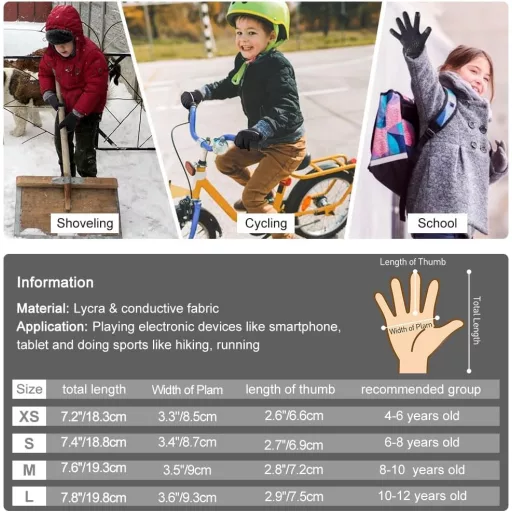 OOPOR Gyerek Kesztyű Téli Meleg Fleece Bélés Érintőképernyős Csúszásmentes Kerékpáros Kék 4-6 Év Fiúknak Lányoknak