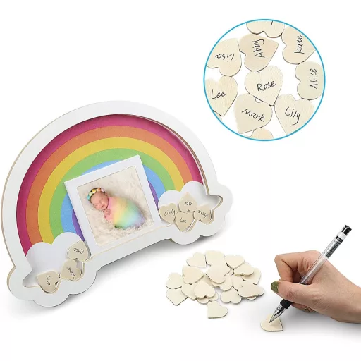 Tvornica Szivárvány Okvir za slike Knjiga gostiju - Drvena srca Poklon za dobrodošlicu bebi za roditelje, uspomena za rođendan, 30x20 cm