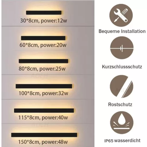 AOEH 115cm LED fali lámpa alumínium IP65 vízálló meleg fehér kültéri beltéri