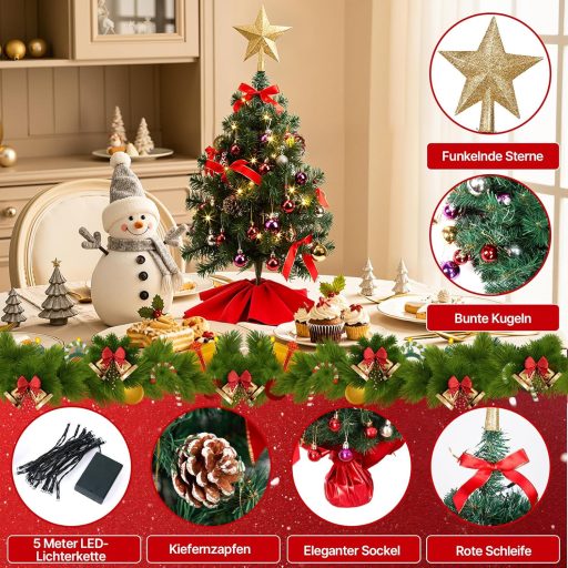 HAUSPROFI 60 cm vianočná LED dekorácia, mini umelý stromček so svetielkami, 20 guľami a dreveným podstavcom