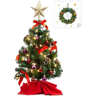   HAUSPROFI 60 cm vianočná LED dekorácia, mini umelý stromček so svetielkami, 20 guľami a dreveným podstavcom