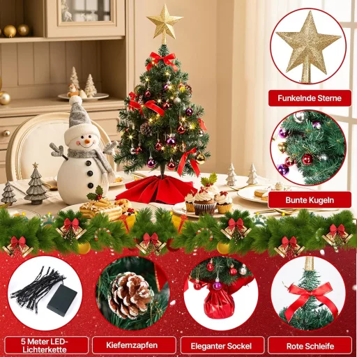 Decorațiune de Crăciun HAUSPROFI, brad LED de 60 cm, mini brad artificial cu lumină, 20 de globuri și bază de lemn