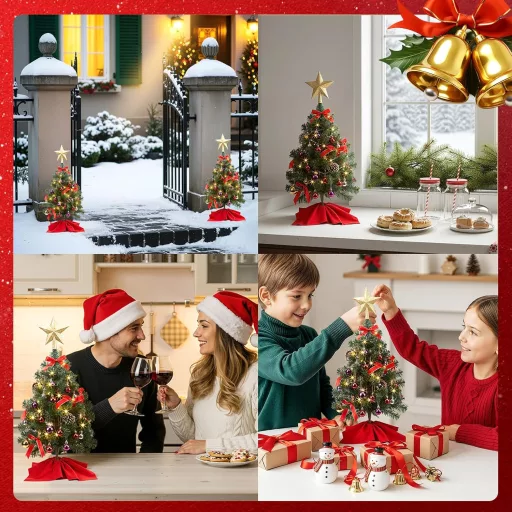 Decorațiune de Crăciun HAUSPROFI, brad LED de 60 cm, mini brad artificial cu lumină, 20 de globuri și bază de lemn