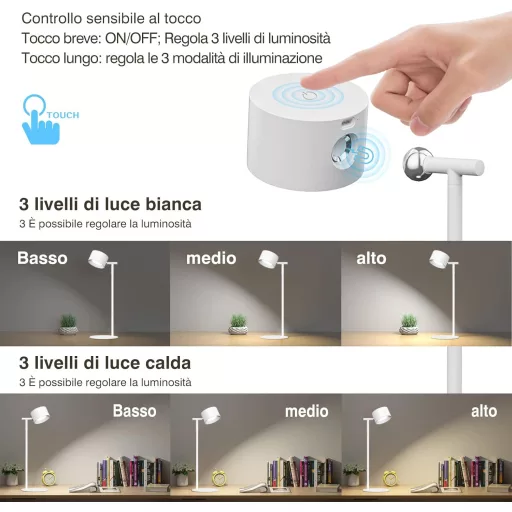 LED stolná lampa Feallive s funkciou stmievania, USB nabíjaním a 360° otočným ramenom na čítanie