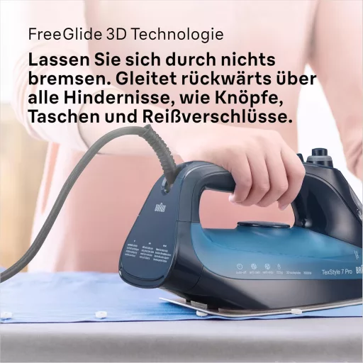 Fier de călcat cu abur Braun TexStyle 7 Pro 3000W cu talpă Freeglide 3D, albastru
