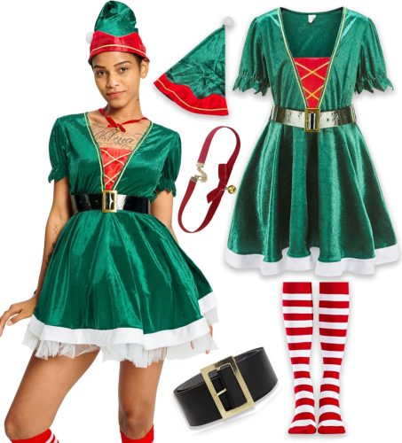 Costum de Crăciuniță Spiriduș pentru Femei IKALI - Rochie, Pălărie, Curea, Ciorapi și Colier, Set Complet