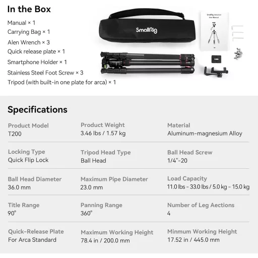 SMALLRIG 200 cm Tripod Monopod 360° Panoráma Gömbfej 15 kg Teherbírás Profi Kamera Állvány