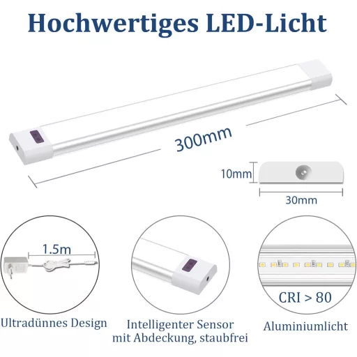 WOBANE LED svjetiljka ispod kuhinjskog ormarića 30 cm s beskontaktnim senzorom, mogućnost prigušivanja, hladno bijelo svjetlo za radnu površinu