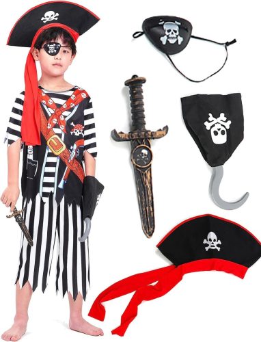 Costum de Pirat pentru Copii - Craniu, Dungi, Mărimea 140 (8-10 ani)