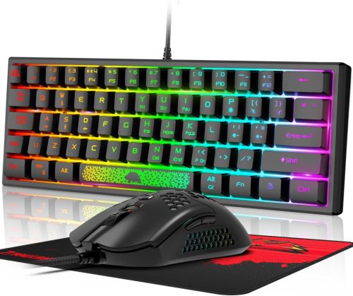 LexonElec 60% Mini Gamer Billentyűzet és Egér Szett - Fekete, RGB Háttérvilágítás, Mechanikus Érzetű, Ergonomikus, 12000 DPI Méhsejt Egér, U