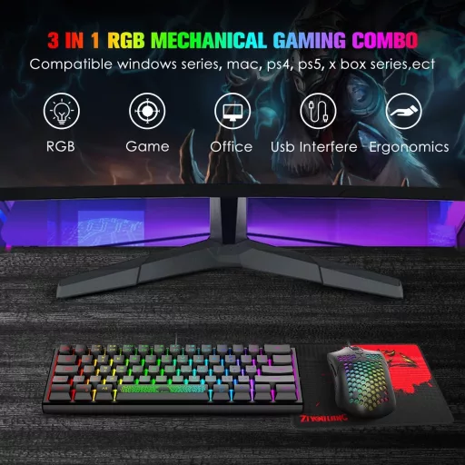 LexonElec 60% Mini Gamer Billentyűzet és Egér Szett - Fekete, RGB Háttérvilágítás, Mechanikus Érzetű, Ergonomikus, 12000 DPI Méhsejt Egér, U