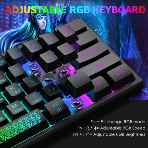LexonElec 60% Mini Gamer Billentyűzet és Egér Szett - Fekete, RGB Háttérvilágítás, Mechanikus Érzetű, Ergonomikus, 12000 DPI Méhsejt Egér, U