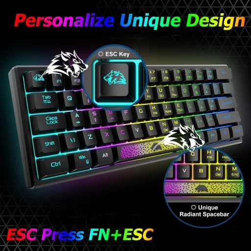 LexonElec 60% Mini Gamer Billentyűzet és Egér Szett - Fekete, RGB Háttérvilágítás, Mechanikus Érzetű, Ergonomikus, 12000 DPI Méhsejt Egér, U