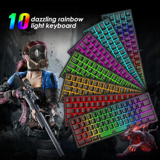 LexonElec 60% Mini Tastatură și Mouse pentru Gaming - Negru, Iluminare de Fundal RGB, Senzație Mecanică, Ergonomic, Mouse Tip Fagure de Miere 12000 DPI, U
