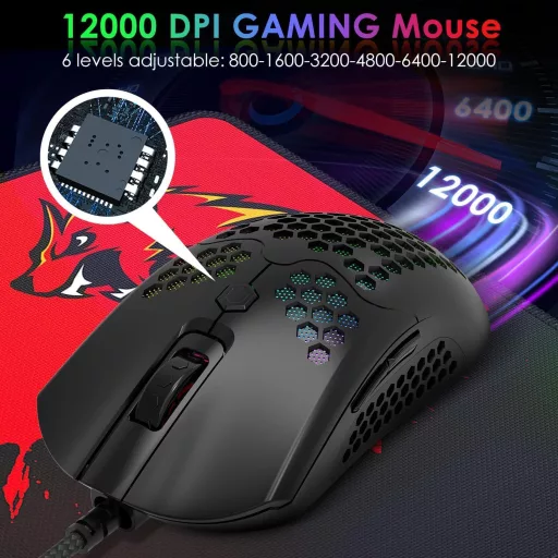 LexonElec 60% Mini Tastatură și Mouse pentru Gaming - Negru, Iluminare de Fundal RGB, Senzație Mecanică, Ergonomic, Mouse Tip Fagure de Miere 12000 DPI, U