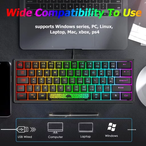 LexonElec 60% Mini Tastatură și Mouse pentru Gaming - Negru, Iluminare de Fundal RGB, Senzație Mecanică, Ergonomic, Mouse Tip Fagure de Miere 12000 DPI, U