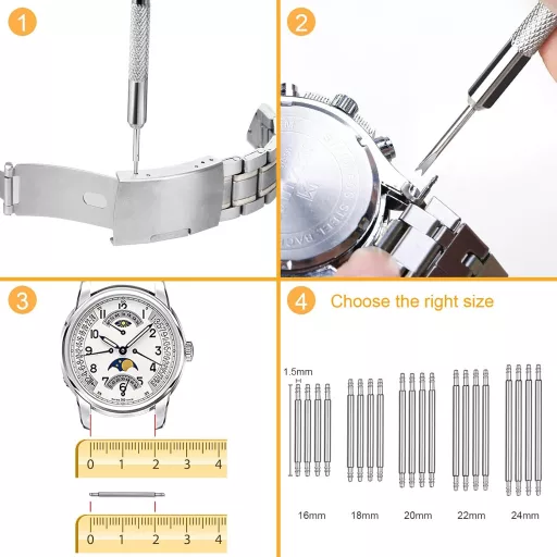 Kit de schimbare curea ceas JOREST, cu instrument pentru telescoape și ace de schimb, 20 buc. telescoape, 13 buc. ace de schimb