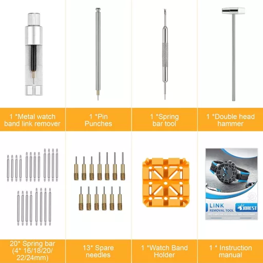 Kit de schimbare curea ceas JOREST, cu instrument pentru telescoape și ace de schimb, 20 buc. telescoape, 13 buc. ace de schimb