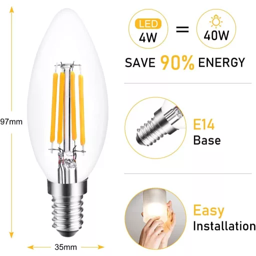 Blewandy E14 LED gyertya izzó 4W meleg fehér 6db csomag csillárokhoz