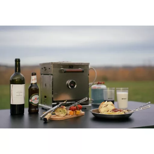 New Direction Tackle Rozsdamentes Acél Hordozható Gázfőző - Multifunkciós Kemping Tűzhely és BBQ Grill Sütő Horgászathoz és Kültéri Kirándul