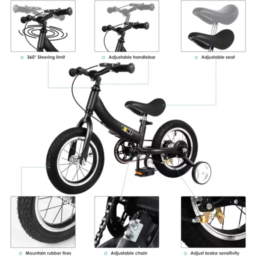 YBIKE 2 în 1 Bicicletă de echilibru și Bicicletă pentru copii, 12 inch, Albastră, Cadru din oțel, Frână spate, Pentru copii de 1-7 ani, Șa ajustabilă