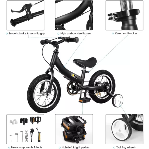 YBIKE 2 în 1 Bicicletă de echilibru și Bicicletă pentru copii, 12 inch, Albastră, Cadru din oțel, Frână spate, Pentru copii de 1-7 ani, Șa ajustabilă