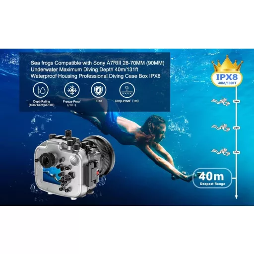 Carcasă subacvatică Sea Frogs pentru Sony A7RIII cu obiectiv de 90mm - Carcasă impermeabilă IPX8 până la 40m adâncime pentru scufundări, surfing