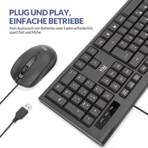 Set tastatură și mouse cu fir Rii, rezistent la apă, ergonomic, USB, PC/Laptop