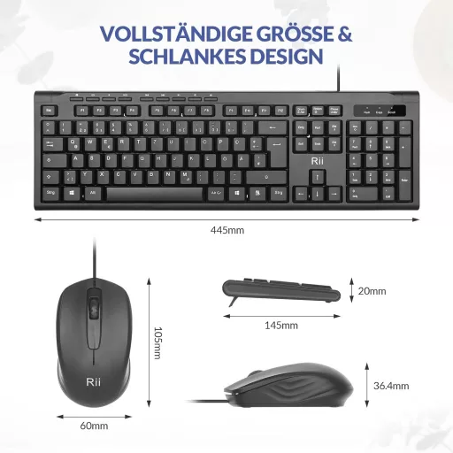 Set tastatură și mouse cu fir Rii, rezistent la apă, ergonomic, USB, PC/Laptop