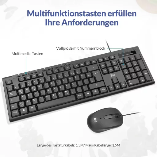 Set tastatură și mouse cu fir Rii, rezistent la apă, ergonomic, USB, PC/Laptop