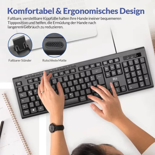 Set tastatură și mouse cu fir Rii, rezistent la apă, ergonomic, USB, PC/Laptop