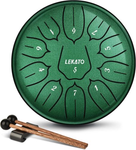 Toba cu limbă de oțel LEKATO 15 cm - 11 note, în Re major, tobă de mână pentru începători, meditație, instrument de percuție verde jad pentru yoga, terapie cu boluri sonore, cu geantă