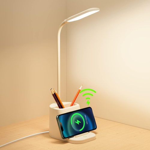 Lampă de birou LED YAMYONE cu încărcător wireless și suport pentru pixuri - 3 temperaturi de culoare, intensitate reglabilă continuu, control tactil, flexibilă