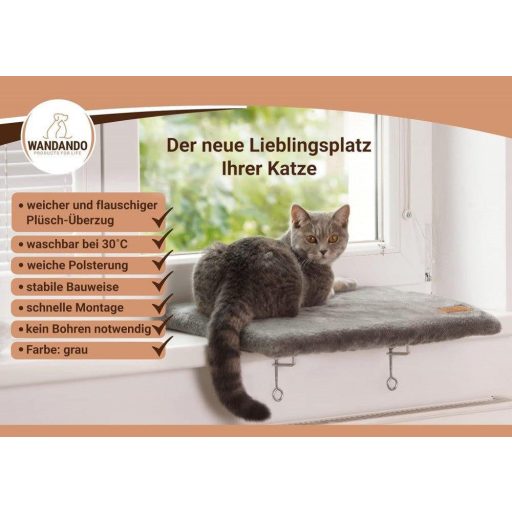 Ablak Pihenő Macskák Számára- Mosható és Puha Macskaágy, 50 x 36 x 3 cm, Szürke