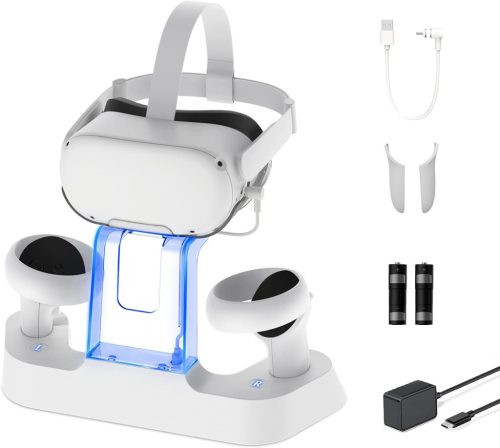 NexiGo Töltőállomás Oculus Quest 2-höz - Fejhallgató Tartó, Kontroller Dokkoló, Elite Strap Kompatibilis, LED Jelzőfény, 2 Újratölthető Akku