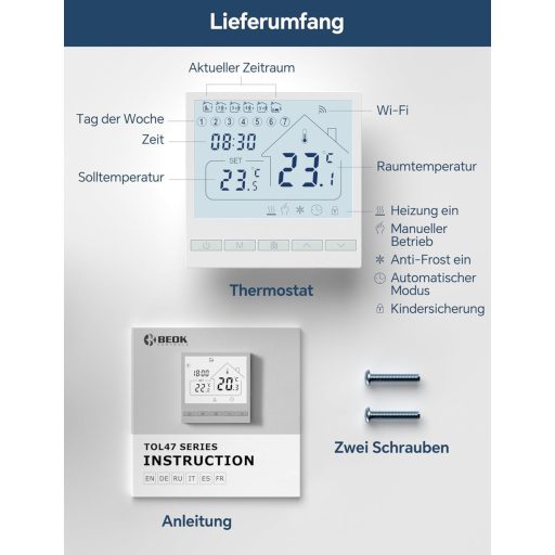 BEOK TOL47WIFI Okos WiFi Termosztát Gáz/Víz Kazánhoz és Padlófűtéshez - Programozható, Alexa és Google Asszisztens Kompatibilis