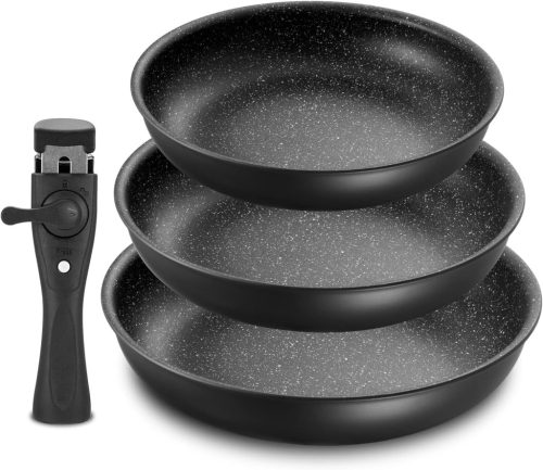 Set Tigăi Inducție Fadware - 20, 24, 28 cm, Antiaderente, cu Mâner Detașabil - Compatibile cu Toate Tipurile de Plită, Camping, Cuptor
